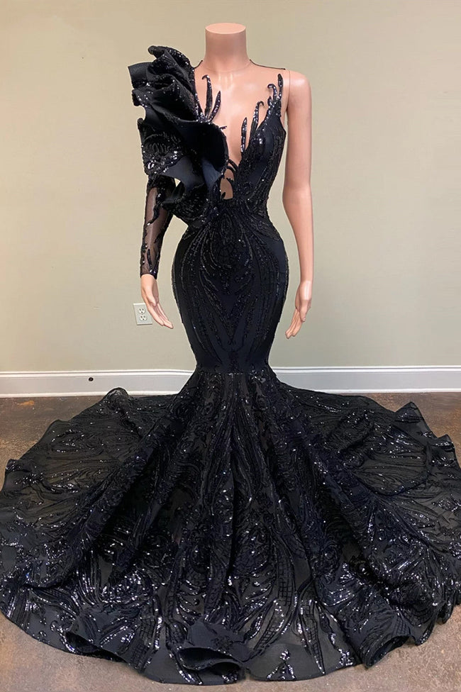 Chic Black Long Sleeve Asymmetrical Floor Length Mermaid Prom Dress Hover Image