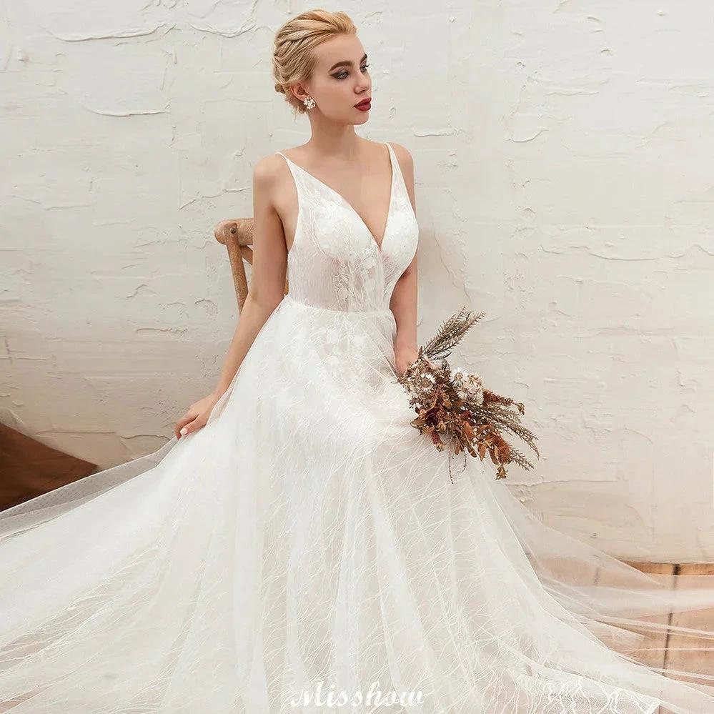 Chic Deep V-Neck White Tulle Princess Open Back Wedding Dress with Court Train by misshow.com