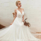 Chic Deep V-Neck White Tulle Princess Open Back Wedding Dress with Court Train by misshow.com
