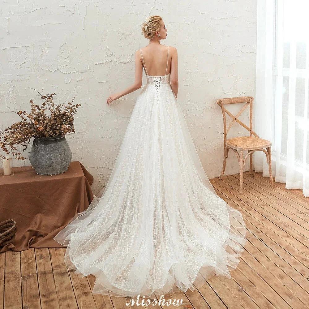 Chic Deep V-Neck White Tulle Princess Open Back Wedding Dress with Court Train by misshow.com
