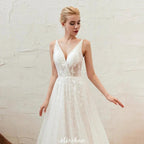 Chic Deep V-Neck White Tulle Princess Open Back Wedding Dress with Court Train by misshow.com