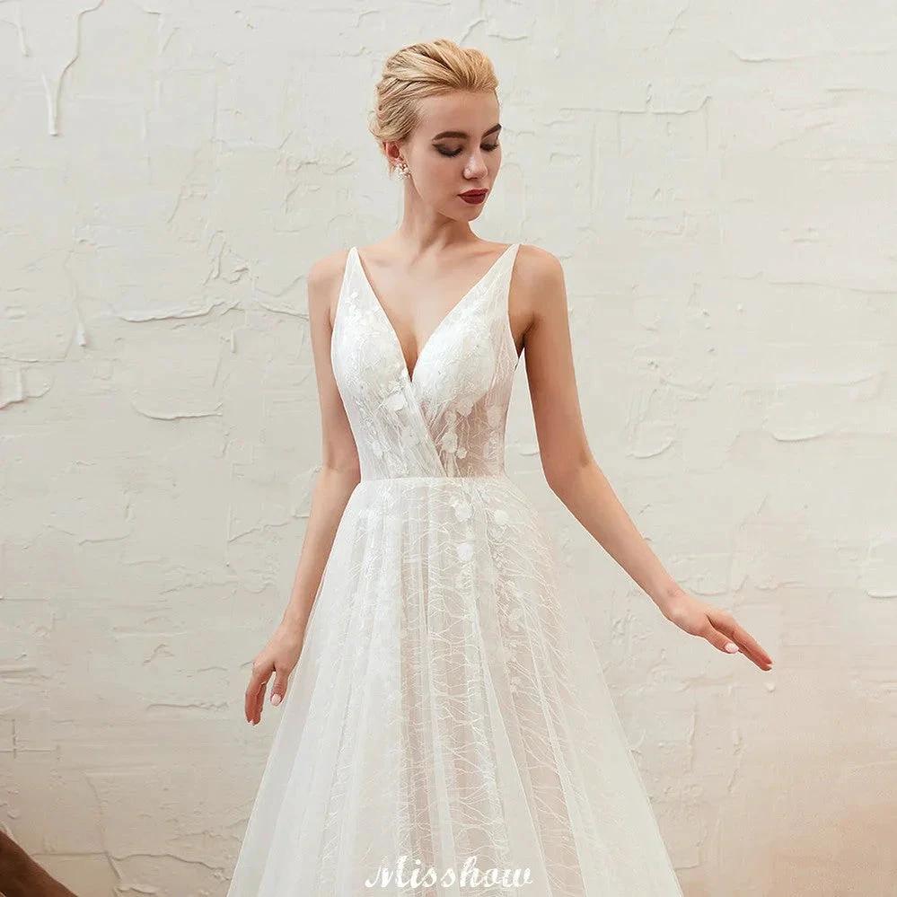 Chic Deep V-Neck White Tulle Princess Open Back Wedding Dress with Court Train by misshow.com