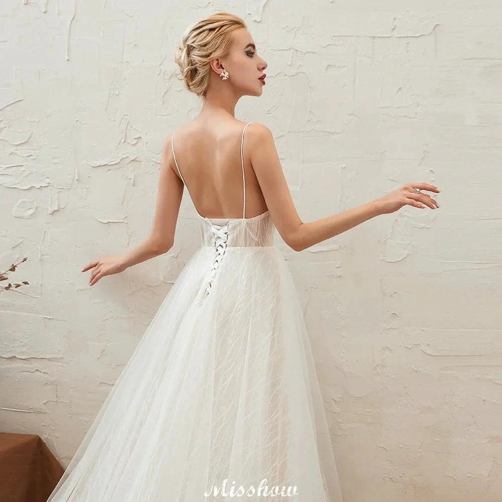 Chic Deep V-Neck White Tulle Princess Open Back Wedding Dress with Court Train by misshow.com