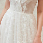 Chic Deep V-Neck White Tulle Princess Open Back Wedding Dress with Court Train by misshow.com
