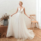 Chic Deep V-Neck White Tulle Princess Open Back Wedding Dress with Court Train by misshow.com