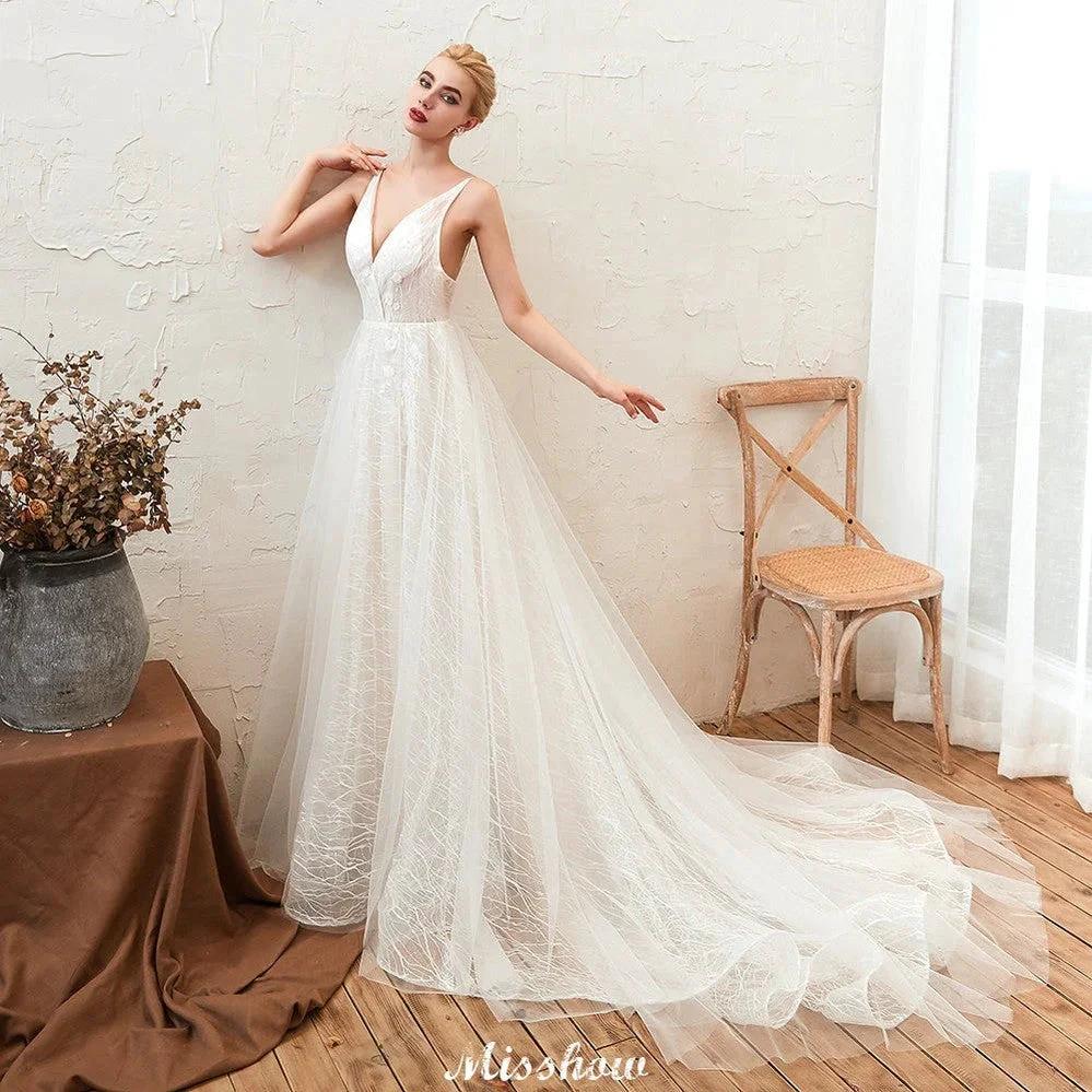 Chic Deep V-Neck White Tulle Princess Open Back Wedding Dress with Court Train by misshow.com
