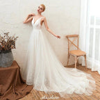 Chic Deep V-Neck White Tulle Princess Open Back Wedding Dress with Court Train by misshow.com