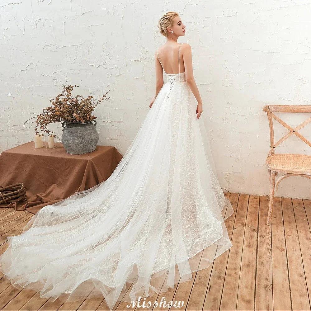 Chic Deep V-Neck White Tulle Princess Open Back Wedding Dress with Court Train by misshow.com