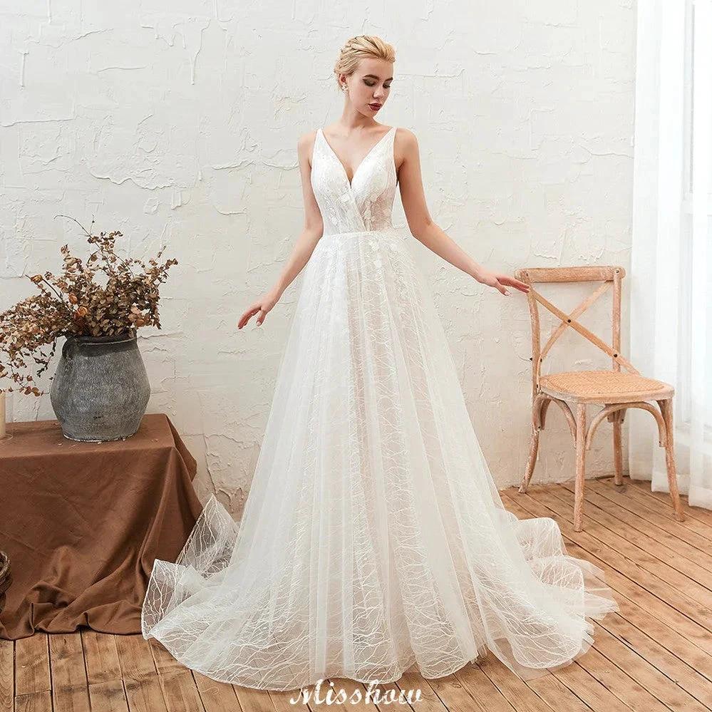 Chic Deep V-Neck White Tulle Princess Open Back Wedding Dress with Court Train by misshow.com