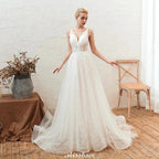 Chic Deep V-Neck White Tulle Princess Open Back Wedding Dress with Court Train by misshow.com