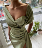 Chic Floor Length Portrait A Line Satin Prom Dress with Ruffles by misshow.com