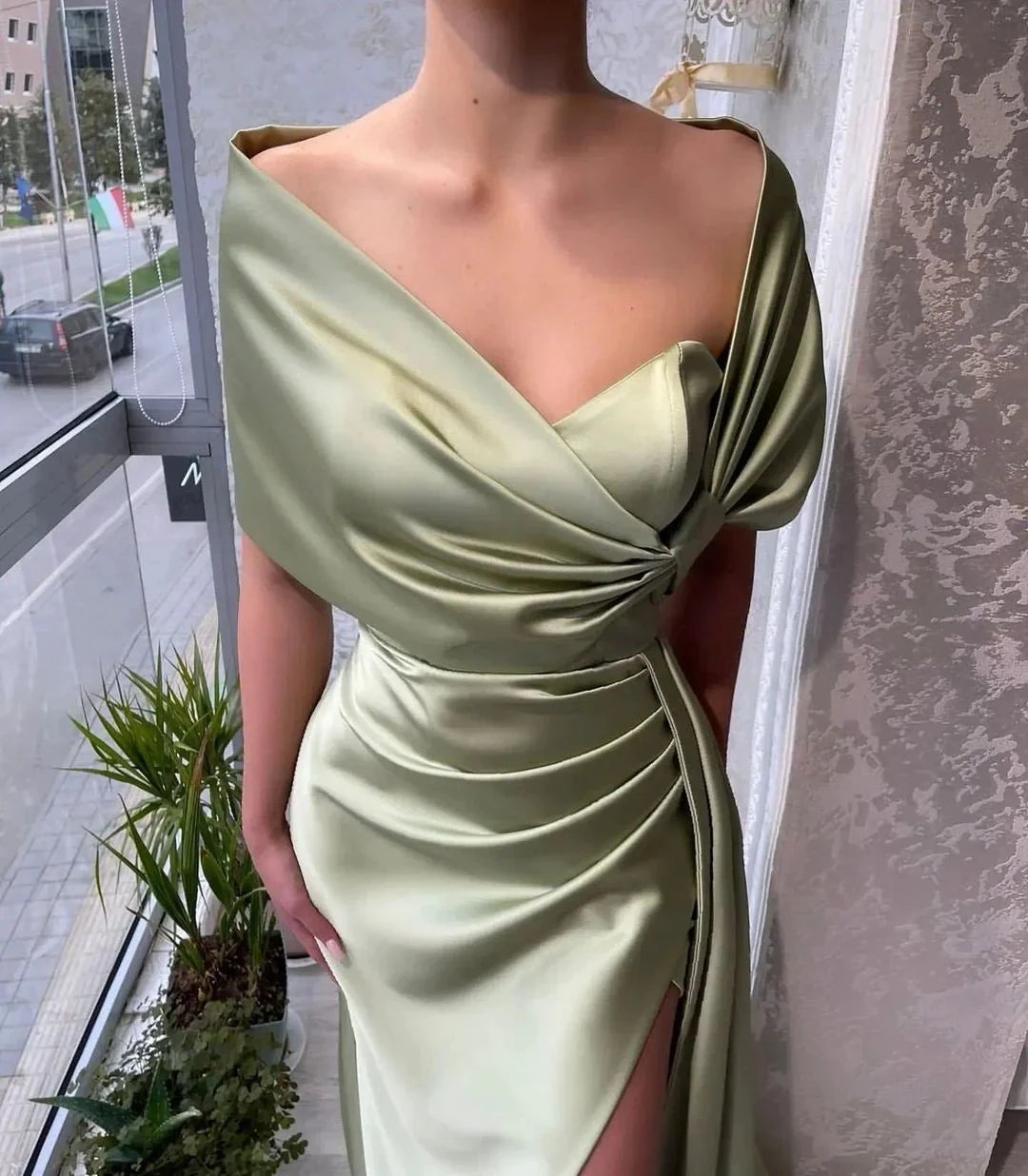 Chic Floor Length Portrait A Line Satin Prom Dress with Ruffles by misshow.com