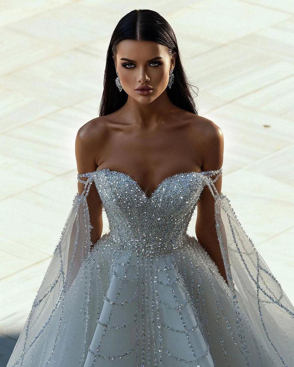 Chic Floor Length Sweetheart Off-The-Shoulder A-Line Sequined Wedding Dress by misshow.com