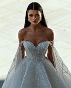 Chic Floor Length Sweetheart Off-The-Shoulder A-Line Sequined Wedding Dress by misshow.com