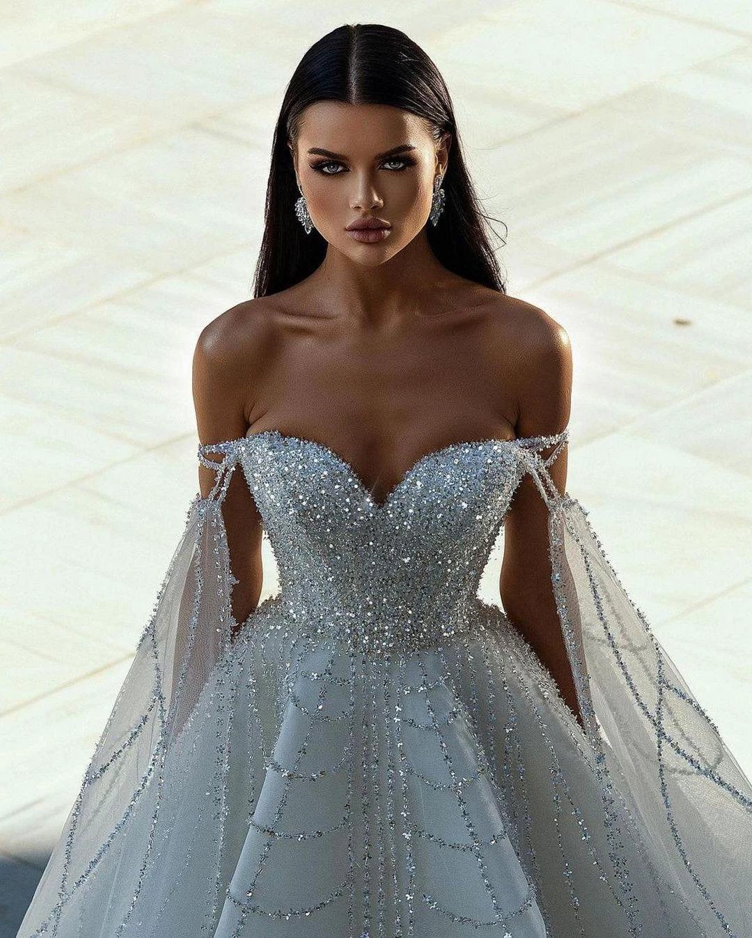 Chic Floor Length Sweetheart Off-The-Shoulder A-Line Sequined Wedding Dress by misshow.com