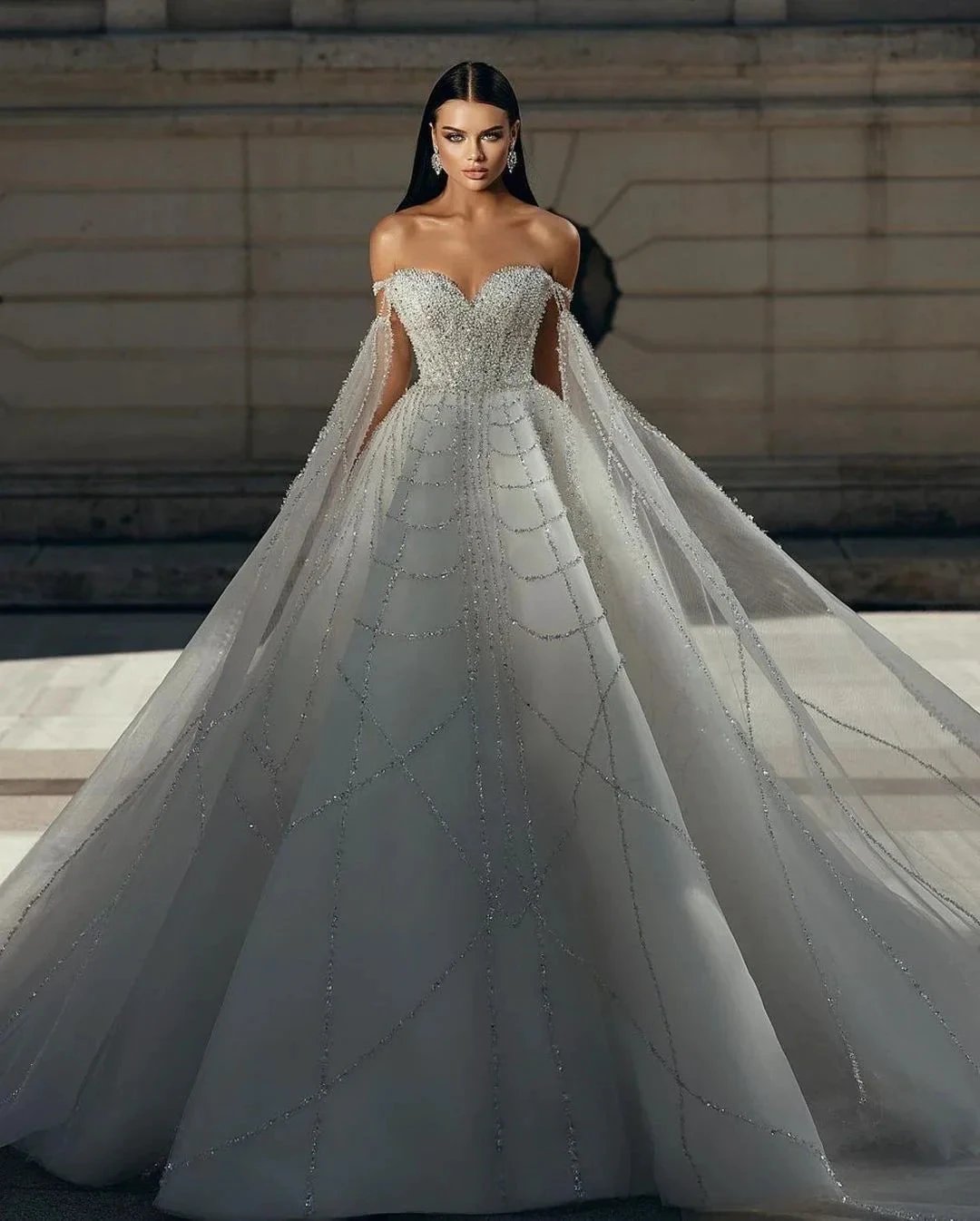 Chic Floor Length Sweetheart Off-The-Shoulder A-Line Sequined Wedding Dress by misshow.com