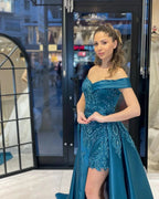 Chic Floor Length Sweetheart Off-The-Shoulder Sheath Ribbon Prom Dress with Appliques by misshow.com
