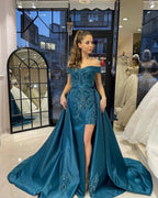 Chic Floor Length Sweetheart Off-The-Shoulder Sheath Ribbon Prom Dress with Appliques by misshow.com