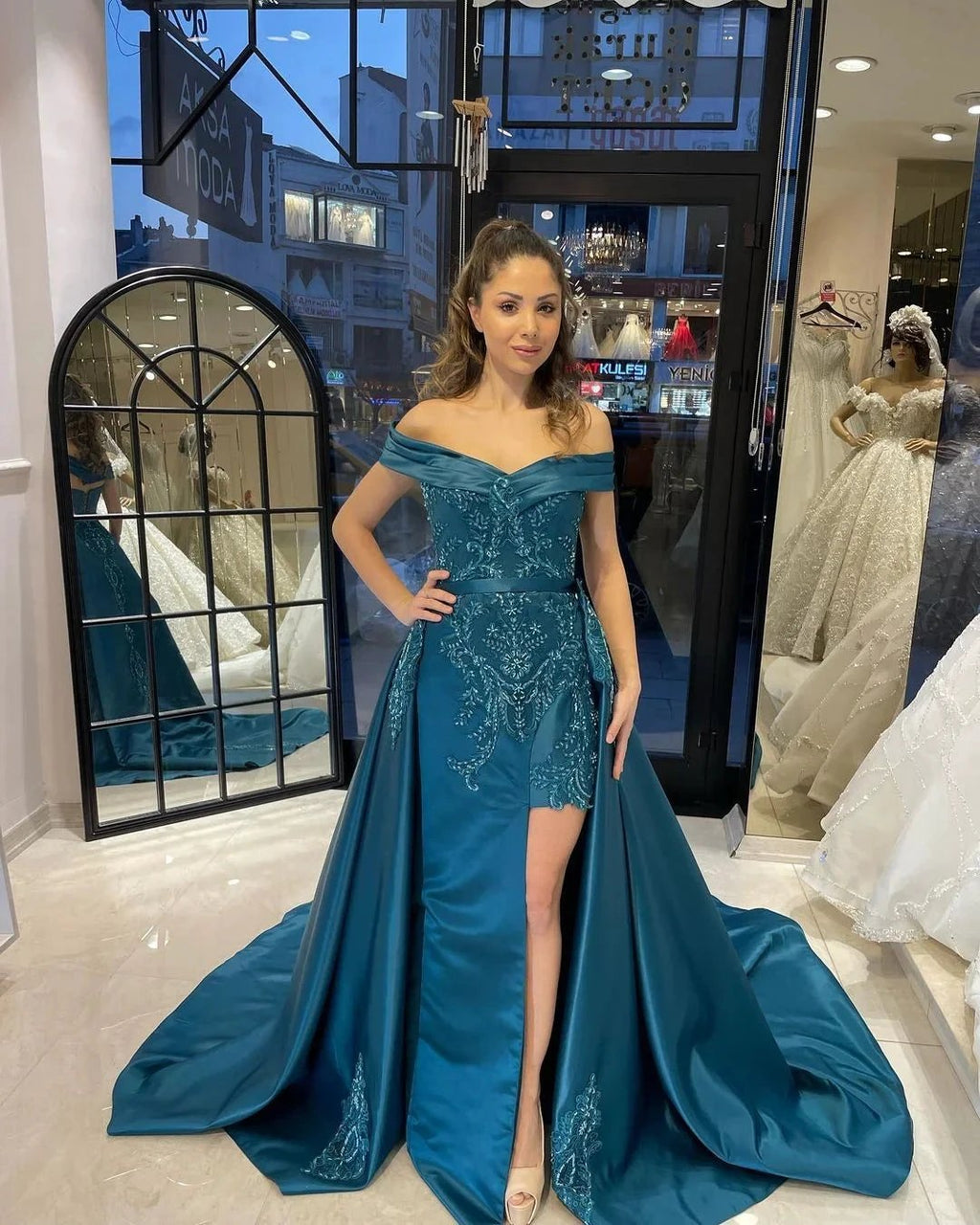 Chic Floor Length Sweetheart Off-The-Shoulder Sheath Ribbon Prom Dress with Appliques by misshow.com