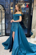 Chic Floor Length Sweetheart Off-The-Shoulder Sheath Ribbon Prom Dress with Appliques by misshow.com