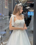 Chic Floor Length Sweetheart Sleeveless A-Line Tulle Wedding Dress with Appliques by misshow.com