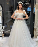 Chic Floor Length Sweetheart Sleeveless A-Line Tulle Wedding Dress with Appliques by misshow.com