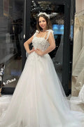 Chic Floor Length Sweetheart Sleeveless A-Line Tulle Wedding Dress with Appliques by misshow.com