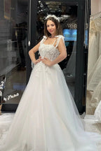 Chic Floor Length Sweetheart Sleeveless A-Line Tulle Wedding Dress with Appliques by misshow.com