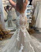 Chic Floor Length V-Neck Sleeveless Mermaid Lace Wedding Dress with Chapel Train by misshow.com