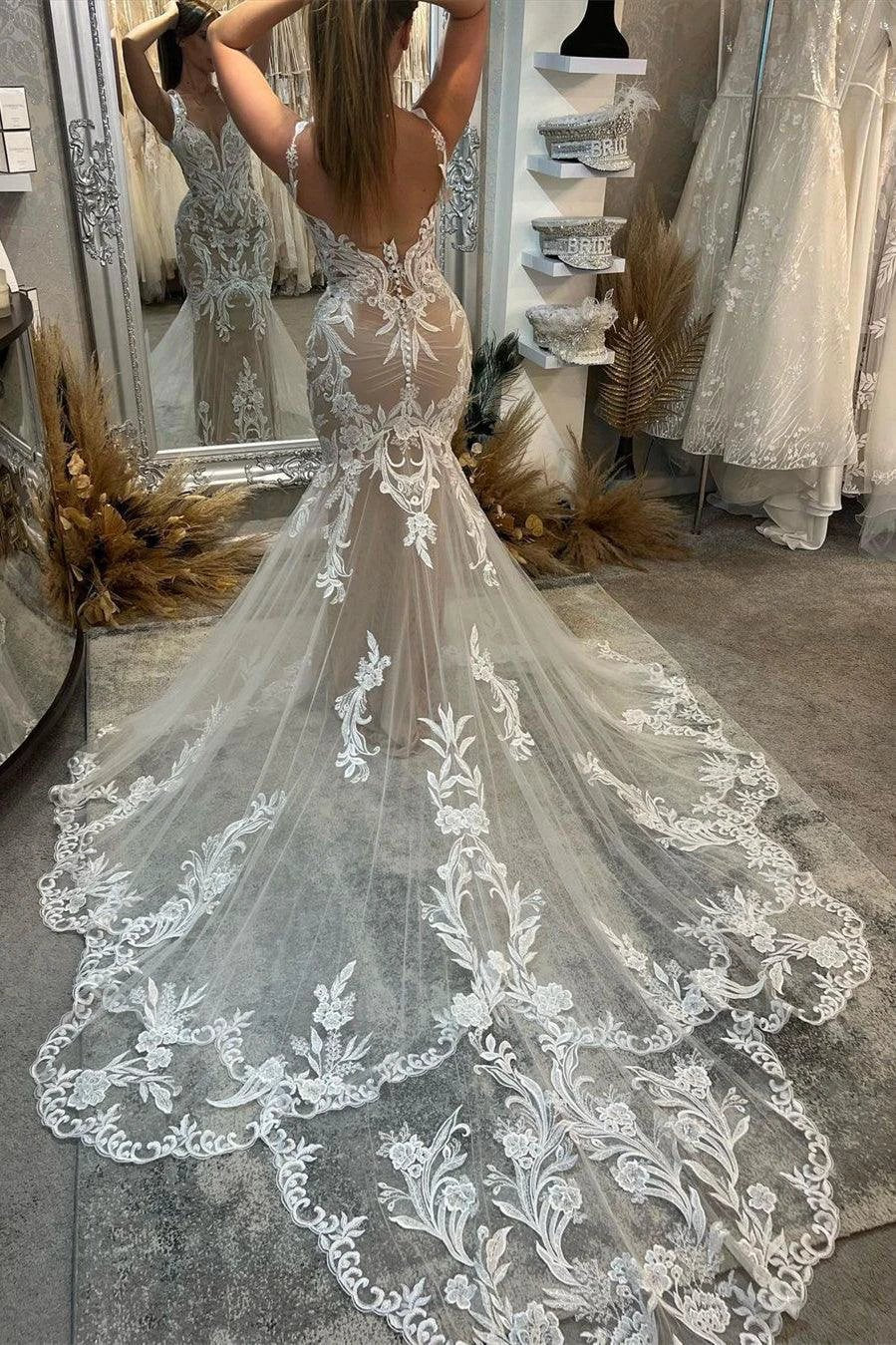 Chic Floor Length V-Neck Sleeveless Mermaid Lace Wedding Dress with Chapel Train by misshow.com