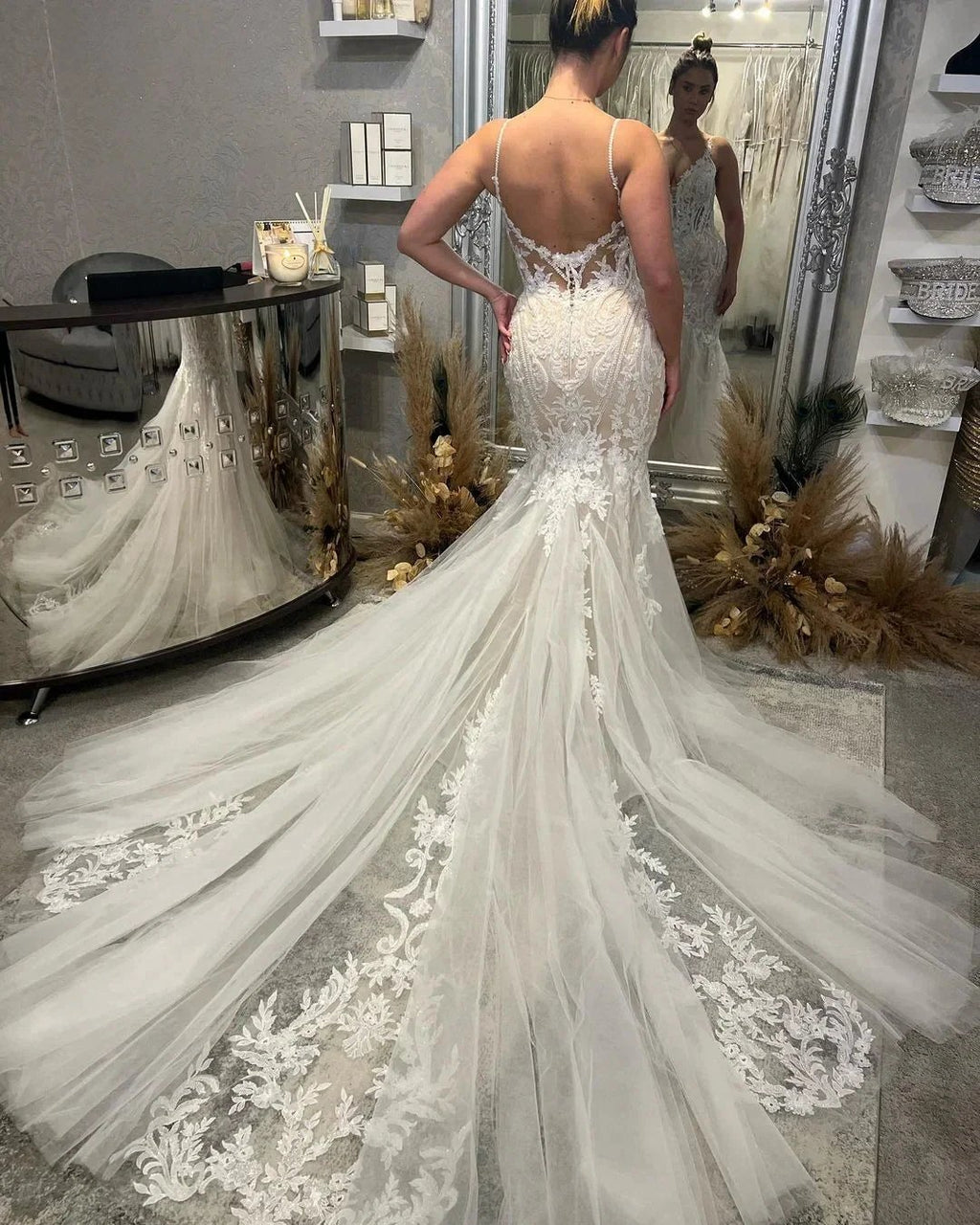 Chic Floor Length V-Neck Spaghetti Straps Sleeveless Mermaid Wedding Dress with Chapel Train by misshow.com