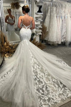 Chic Floor Length V-Neck Spaghetti Straps Sleeveless Mermaid Wedding Dress with Chapel Train by misshow.com