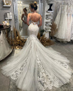 Chic Floor Length V-Neck Spaghetti Straps Sleeveless Mermaid Wedding Dress with Chapel Train by misshow.com