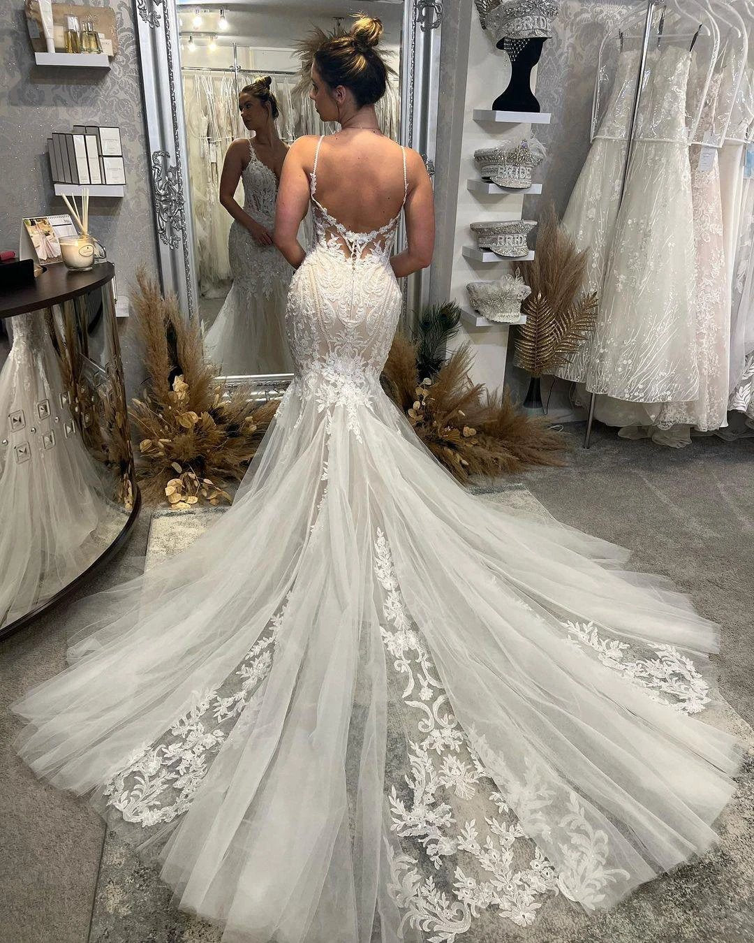 Chic Floor Length V-Neck Spaghetti Straps Sleeveless Mermaid Wedding Dress with Chapel Train by misshow.com
