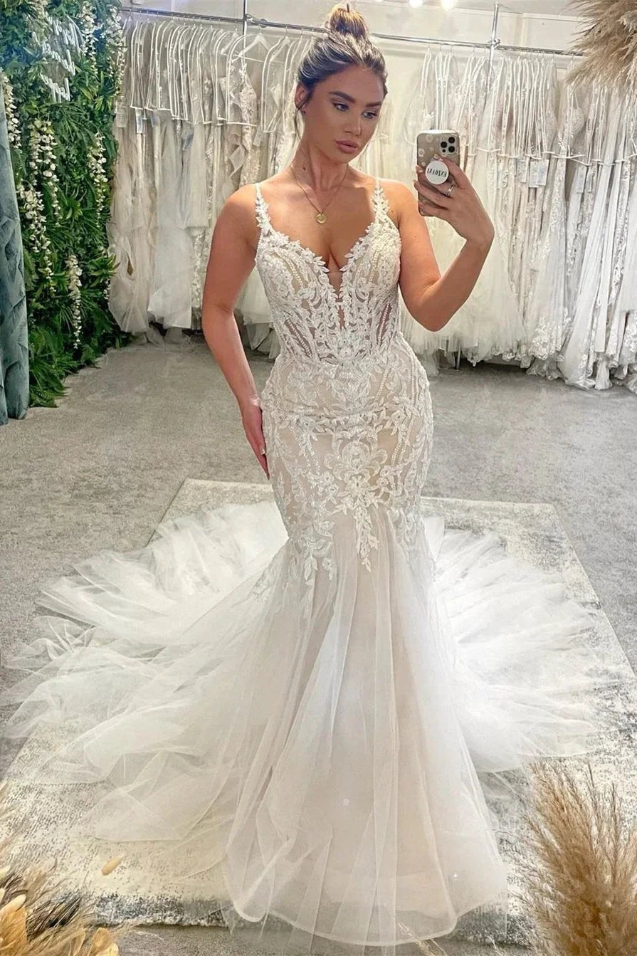 Chic Floor Length V-Neck Spaghetti Straps Sleeveless Mermaid Wedding Dress with Chapel Train by misshow.com