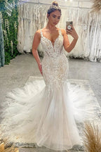 Chic Floor Length V-Neck Spaghetti Straps Sleeveless Mermaid Wedding Dress with Chapel Train by misshow.com