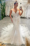 Chic Floor Length V-Neck Spaghetti Straps Sleeveless Mermaid Wedding Dress with Chapel Train by misshow.com