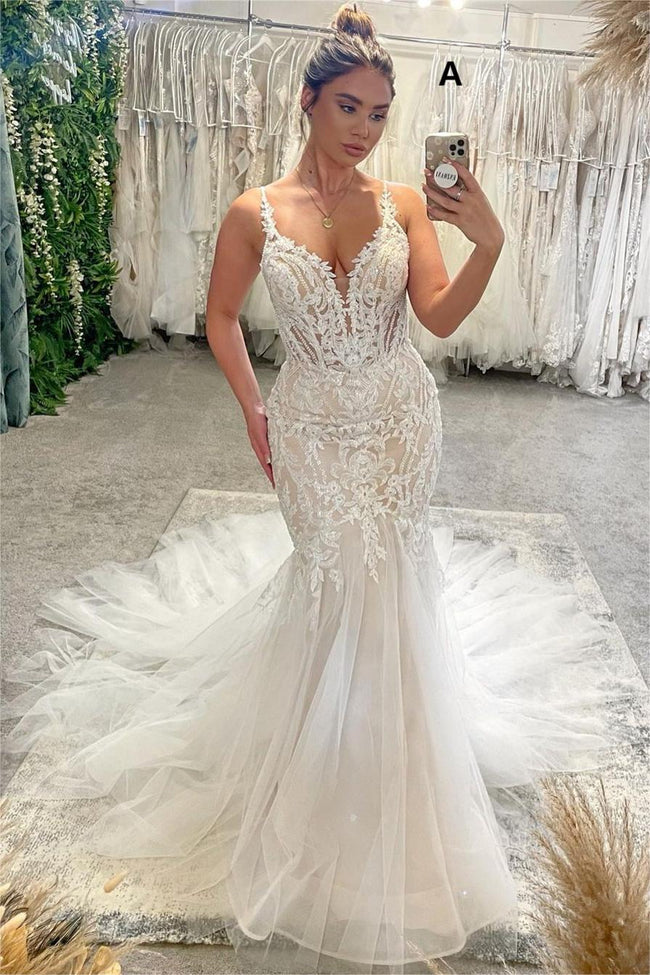 Chic Floor Length V-Neck Spaghetti Straps Sleeveless Mermaid Wedding Dress with Chapel Train Hover Image