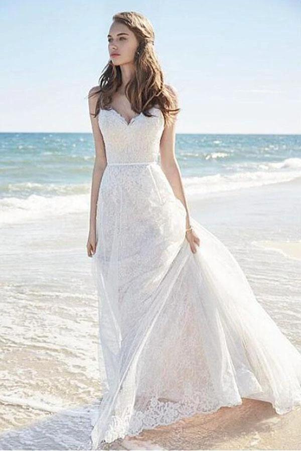 Chic Lace Beach Spaghetti Straps Long Wedding Dresses WD129 by pgmdress