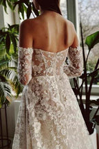 Chic Long A-line Off-the-shoulder Lace Beading Wedding Dress with Long Sleeves by misshow.com