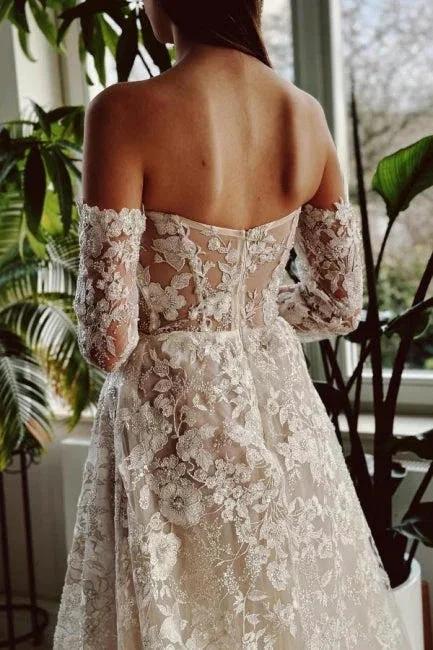 Chic Long A-line Off-the-shoulder Lace Beading Wedding Dress with Long Sleeves by misshow.com