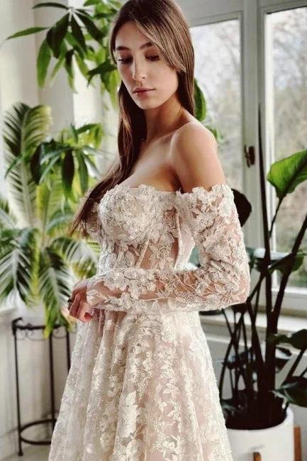 Chic Long A-line Off-the-shoulder Lace Beading Wedding Dress with Long Sleeves by misshow.com