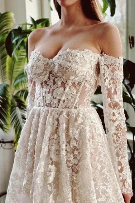 Chic Long A-line Off-the-shoulder Lace Beading Wedding Dress with Long Sleeves by misshow.com