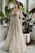Chic Long A-line Off-the-shoulder Lace Beading Wedding Dress with Long Sleeves by misshow.com