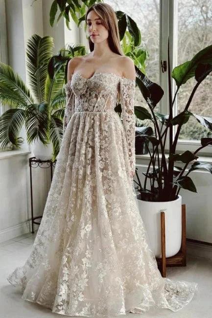 Chic Long A-line Off-the-shoulder Lace Beading Wedding Dress with Long Sleeves by misshow.com