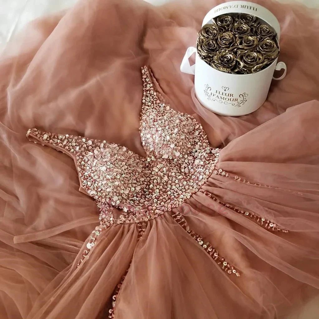 Chic Long A-line Sequined Tulle Backless Prom Dress by BIZTUNNEL