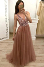 Chic Long A-line Sequined Tulle Backless Prom Dress by BIZTUNNEL