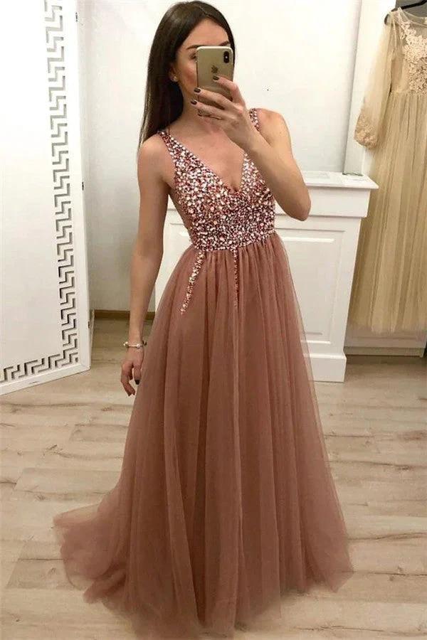 Chic Long A-line Sequined Tulle Backless Prom Dress by BIZTUNNEL