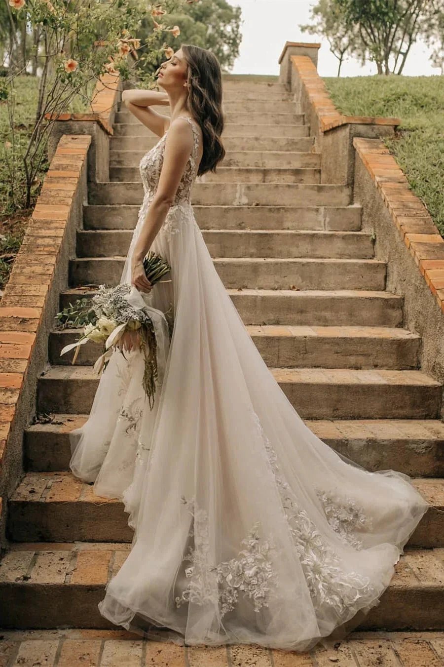 Chic Long A-line Sleeveless Flowers Backless Wedding Dress With Lace by misshow.com