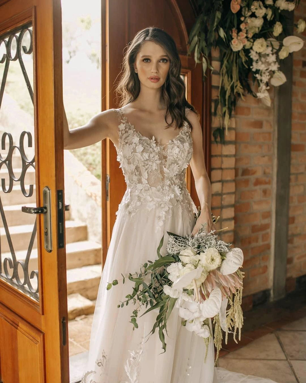 Chic Long A-line Sleeveless Flowers Backless Wedding Dress With Lace by misshow.com